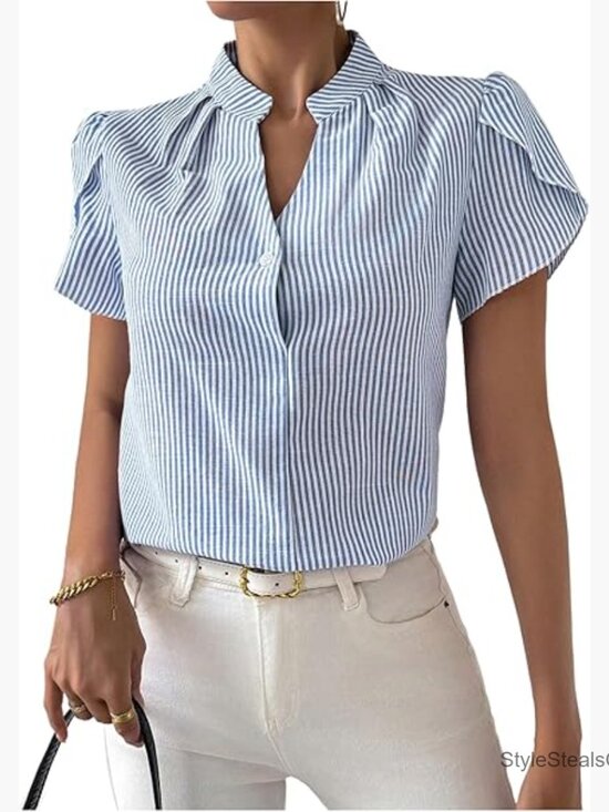 Tops - Striped V-Neck Blouse Short Sleeve Office Work Shirt Regular Fit